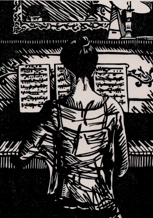"Harriet at the Piano" Linocut, 4" x 6" 2013
