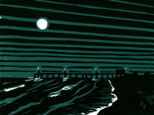 "Fishing Pier at Night." Linocut, color reduction print. 3" x 4". 2015.