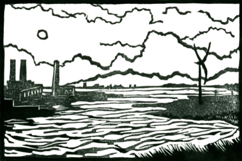 "Between Chelsea and Revere." Linocut and gouache, 4" x 6". 2015.