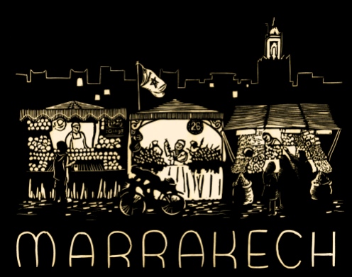 "Marrakech." Linoleum block print with digital manipulation. 2015.